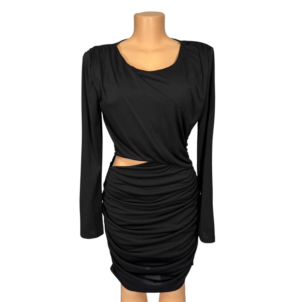 Guess Black Ruched Long Sleeve Cutout Bodycon Midi Dress GDTMX3103 Size 12